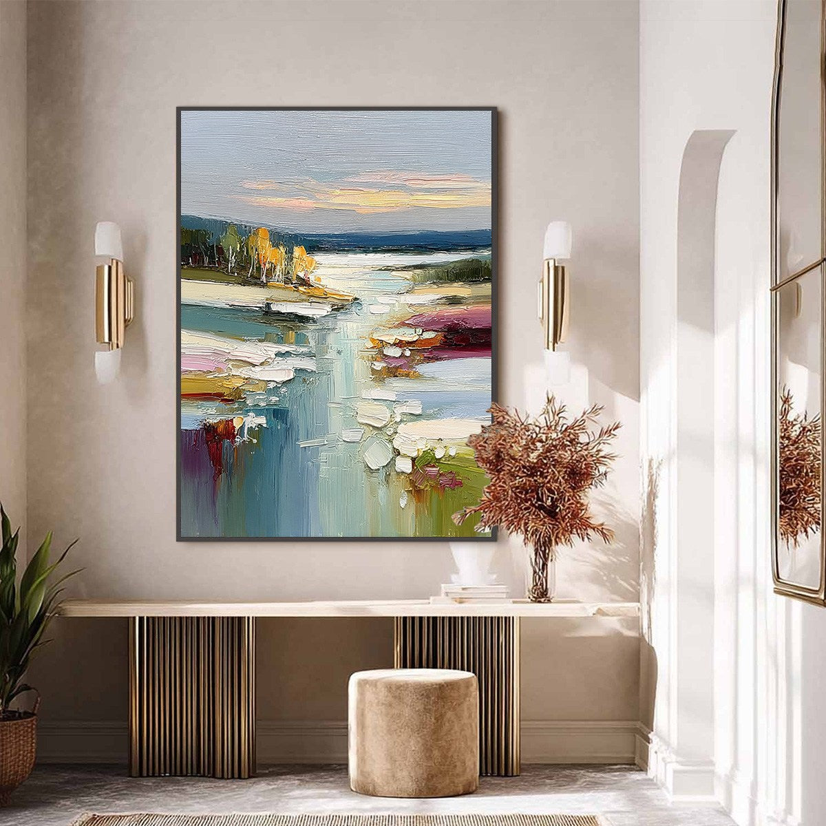 Autumn Reflections hand-painted ocean blue, ivory and soft neutral tones textured coastal landscape painting shown with black frame