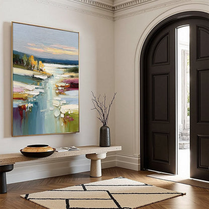 Autumn Reflections hand-painted ocean blue, ivory and soft neutral tones textured coastal landscape painting rolled canvas option