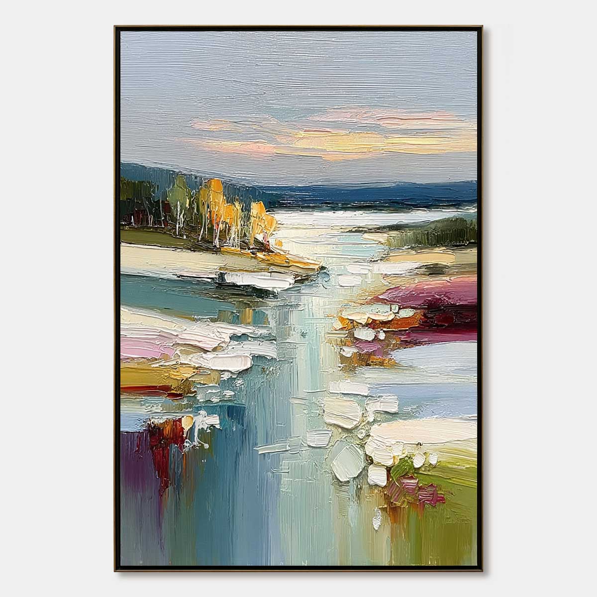 Autumn Reflections hand-painted ocean blue, ivory and soft neutral tones textured coastal landscape painting rolled canvas option
