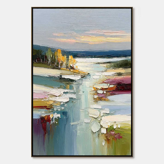 Autumn Reflections hand-painted ocean blue, ivory and soft neutral tones textured coastal landscape painting rolled canvas option