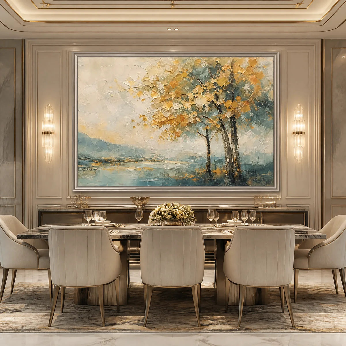 Autumn Whisper hand-painted gold and ivory textured tree painting