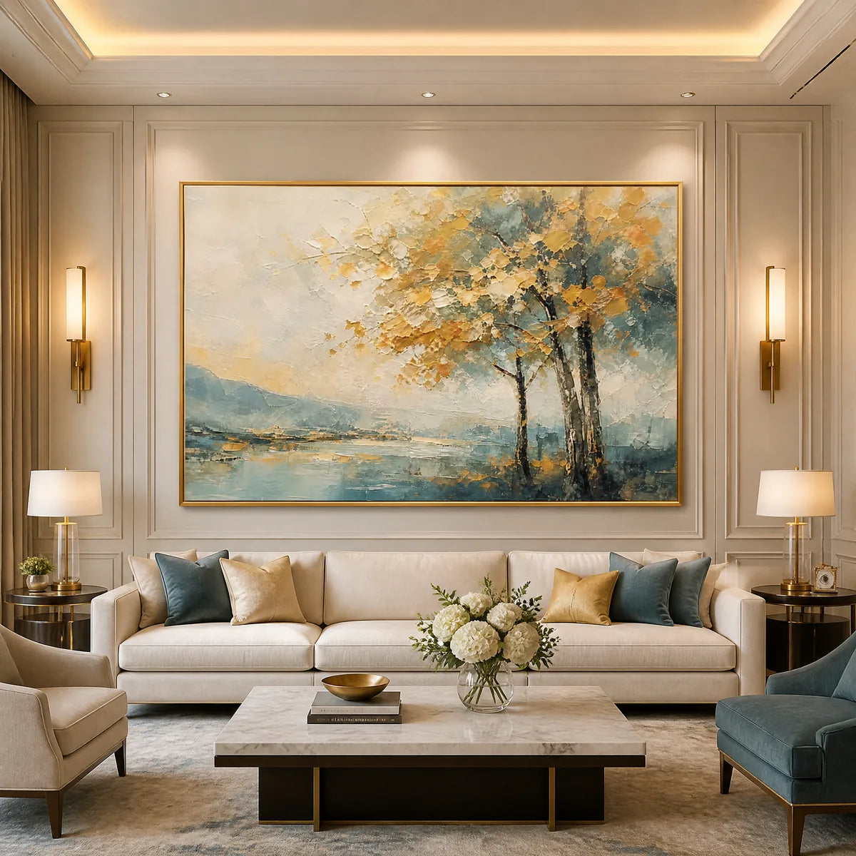 Autumn Whisper hand-painted gold and ivory textured tree painting
