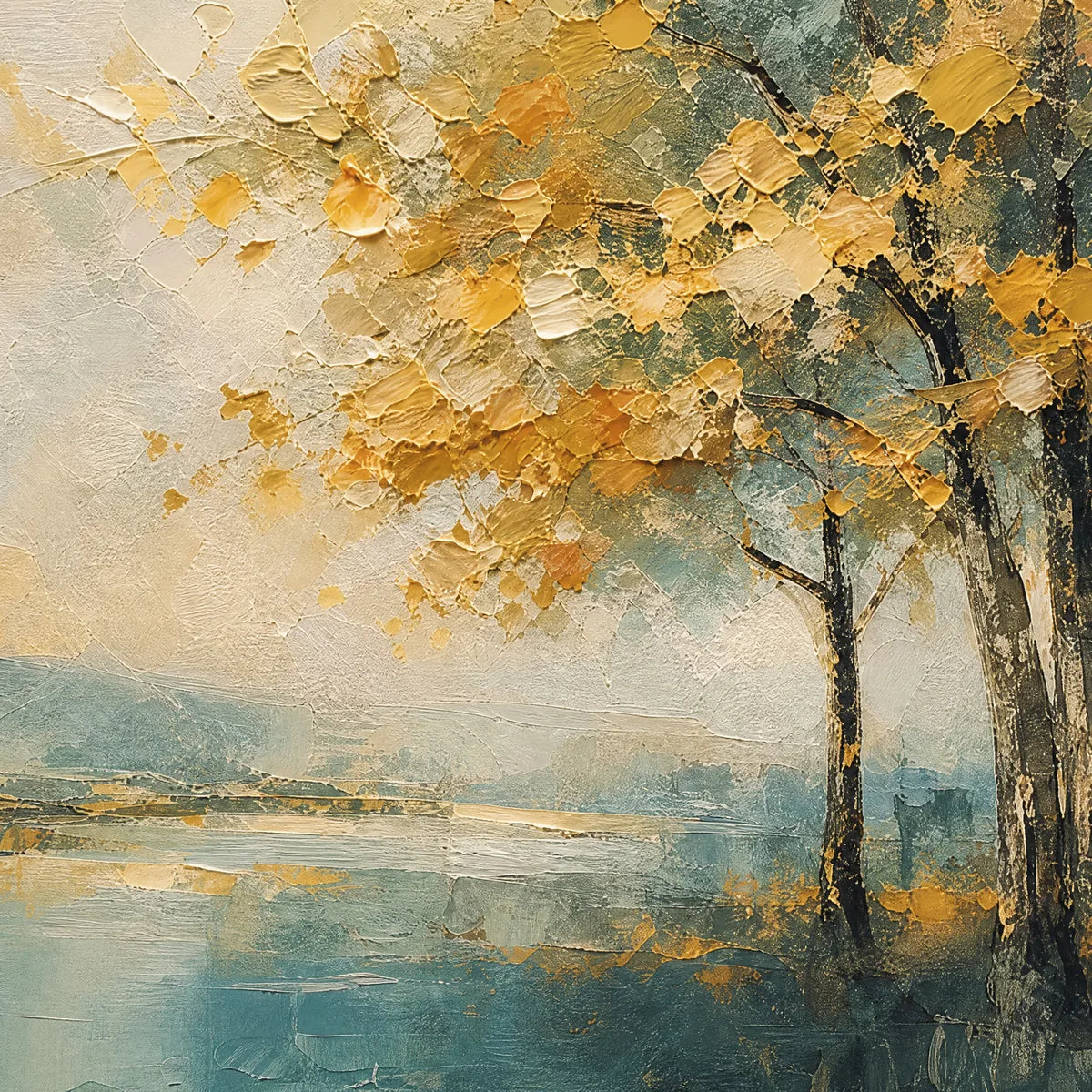 Autumn Whisper hand-painted gold and ivory textured tree painting