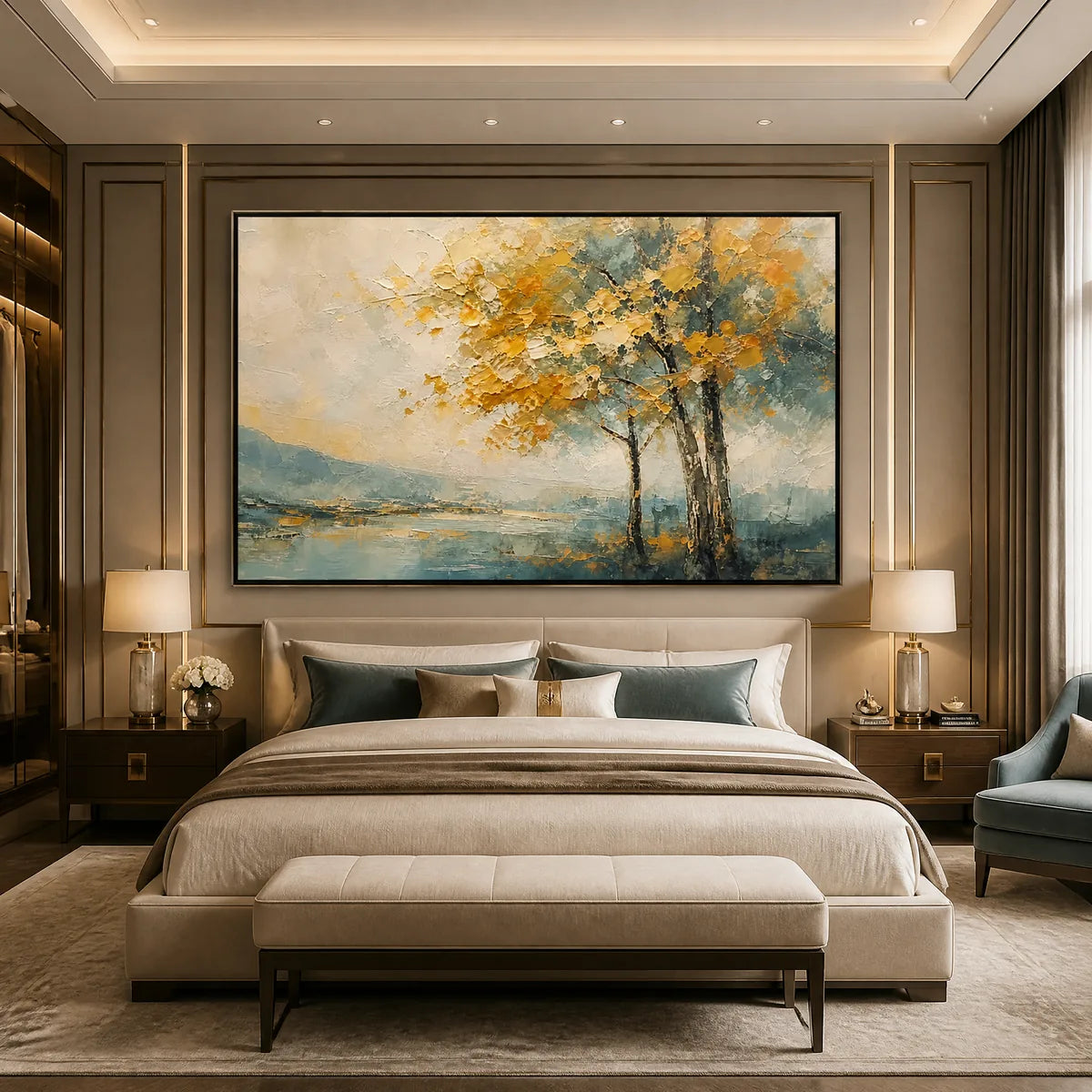 Autumn Whisper hand-painted gold and ivory textured tree painting