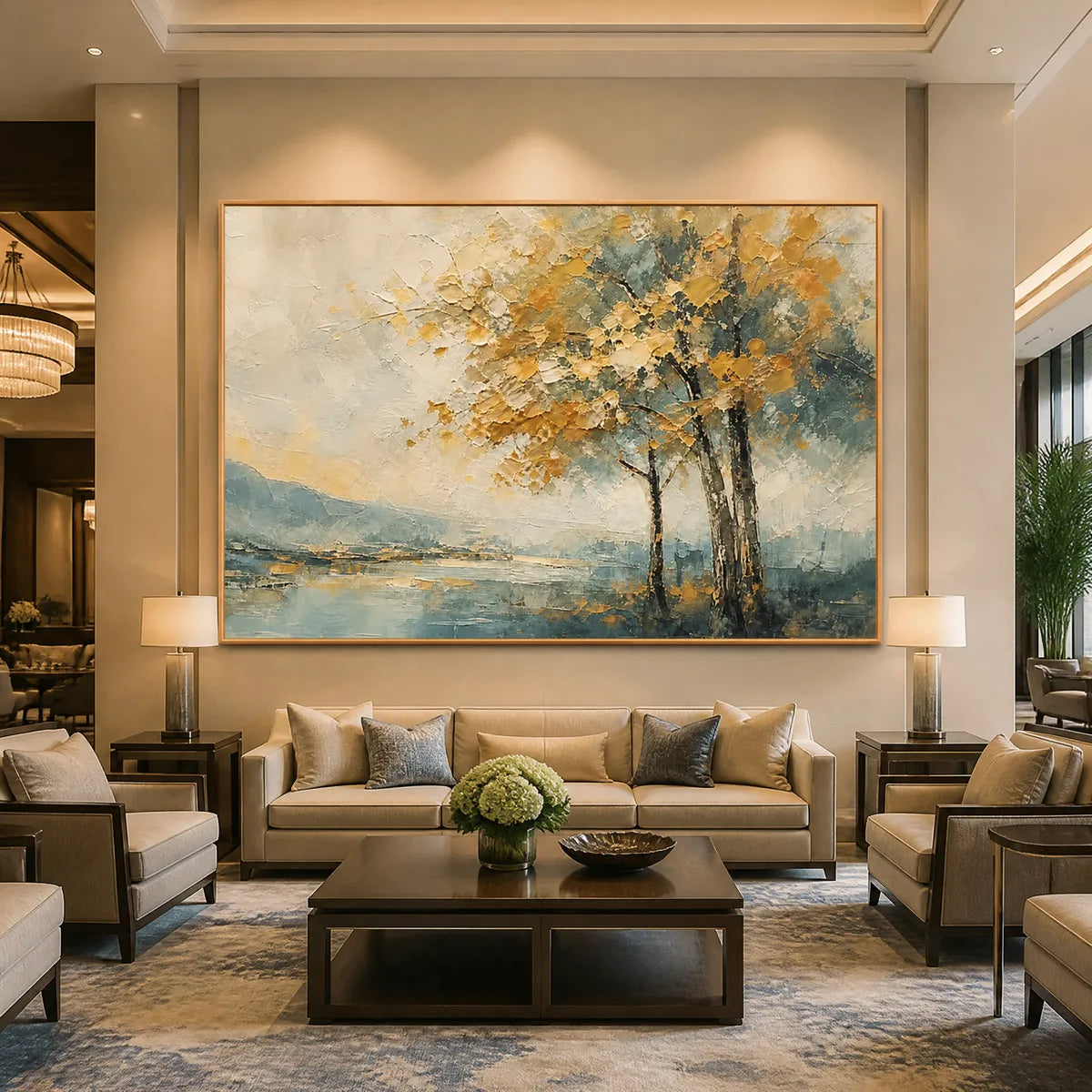 Autumn Whisper hand-painted gold and ivory textured tree painting