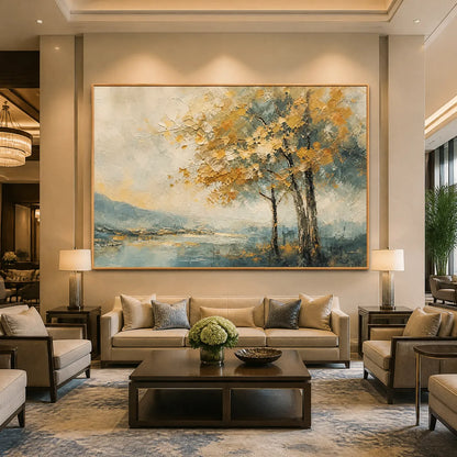 Autumn Whisper hand-painted gold and ivory textured tree painting