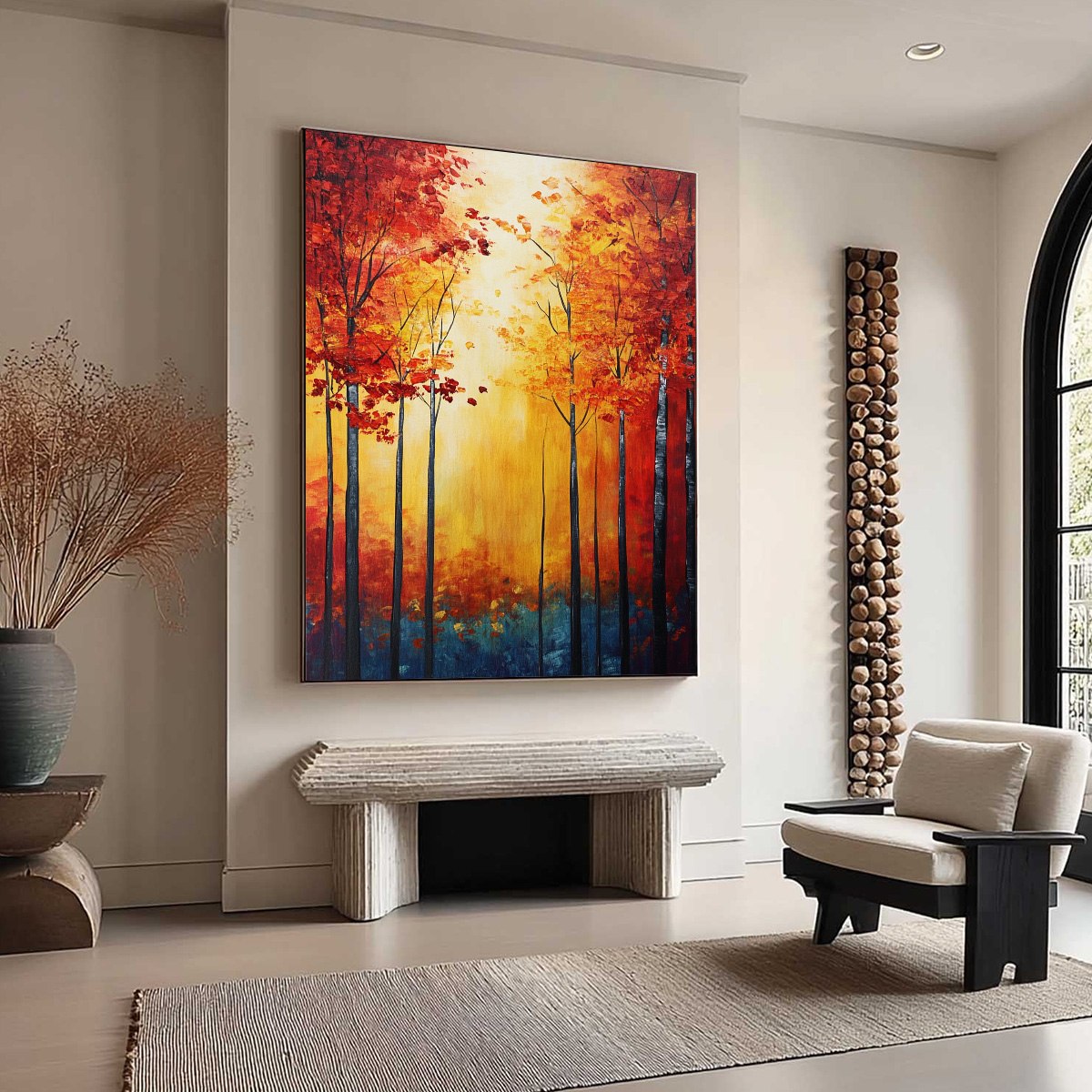Autumn Glow hand-painted gold, orange and red textured forest landscape painting shown with white frame