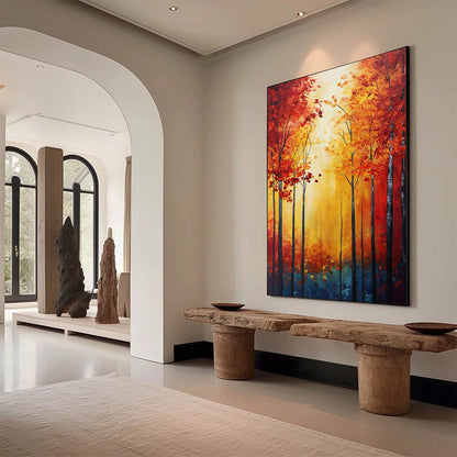 Autumn Glow hand-painted gold, orange and red textured forest landscape painting rolled canvas option