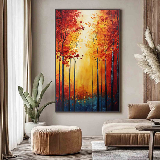 Autumn Glow hand-painted gold, orange and red textured forest landscape painting shown as stretched canvas
