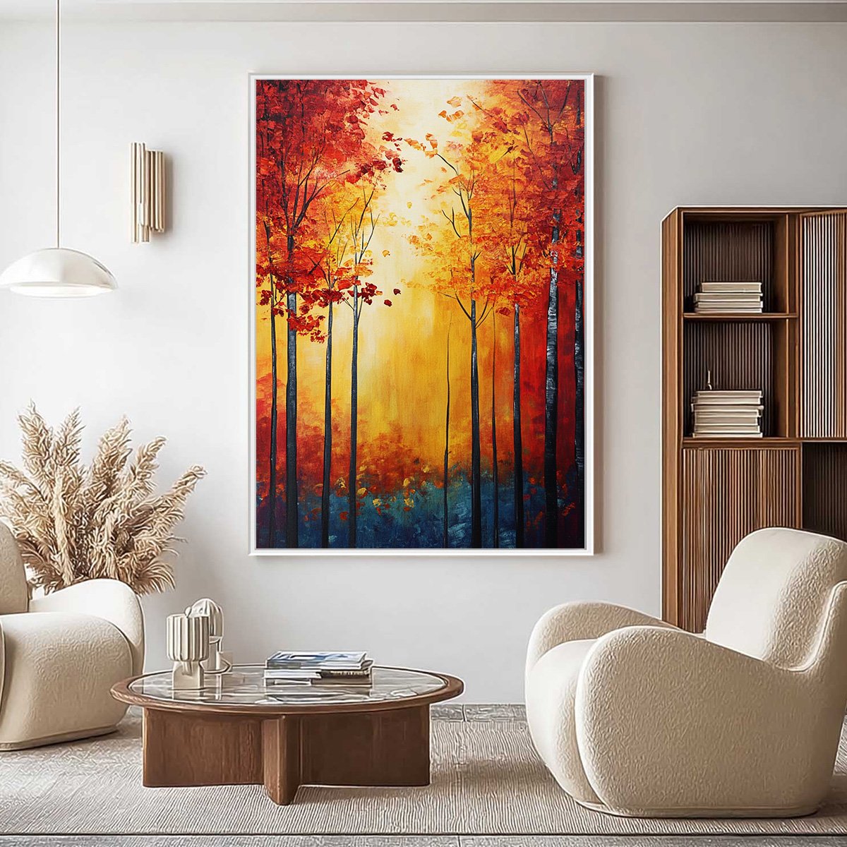Autumn Glow hand-painted gold, orange and red textured forest landscape painting shown with black frame