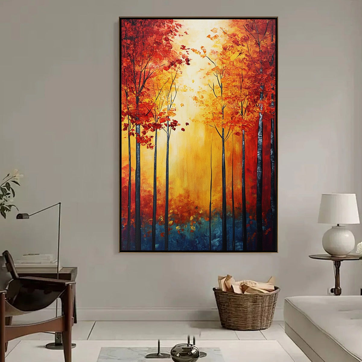 Autumn Glow hand-painted gold, orange and red textured forest landscape painting shown as stretched canvas