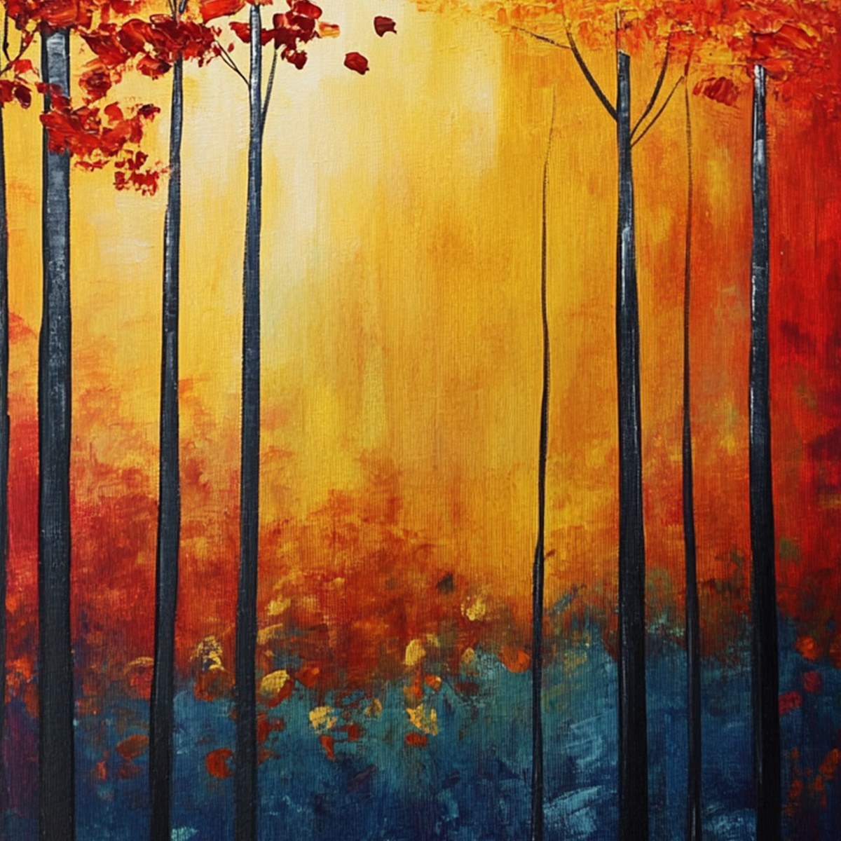 Autumn Glow hand-painted gold, orange and red textured forest landscape painting shown with silver frame