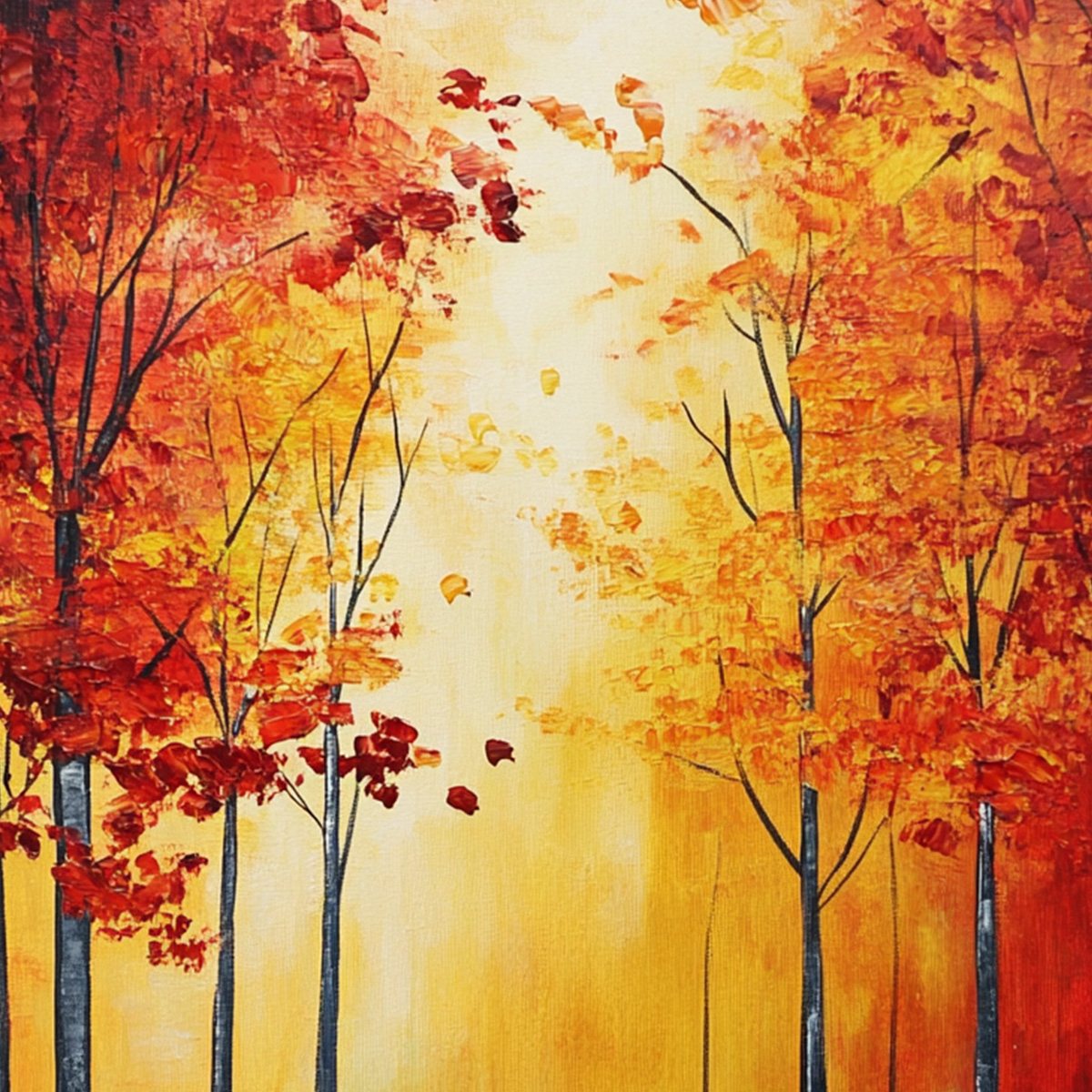 Autumn Glow hand-painted gold, orange and red textured forest landscape painting shown with wood frame