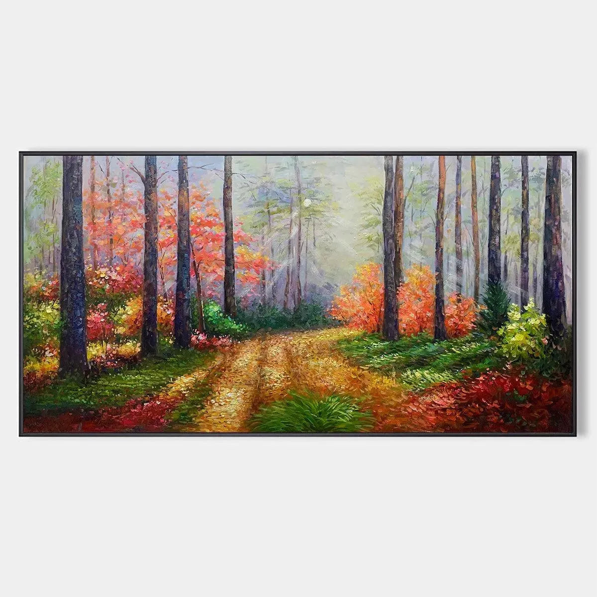 Autumn Forest Path hand-painted crimson, golden yellow, turquoise and violet textured forest path painting rolled canvas option