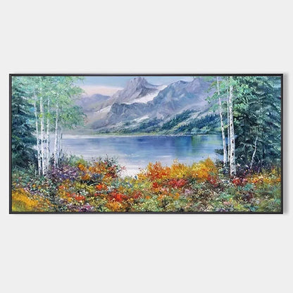 Autumn Lake hand-painted burnt orange, golden yellow and crimson textured mountain lake painting rolled canvas option