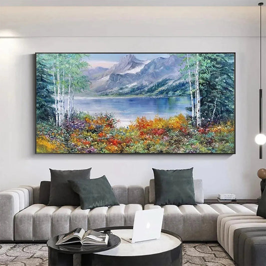Autumn Lake hand-painted burnt orange, golden yellow and crimson textured mountain lake painting shown as stretched canvas
