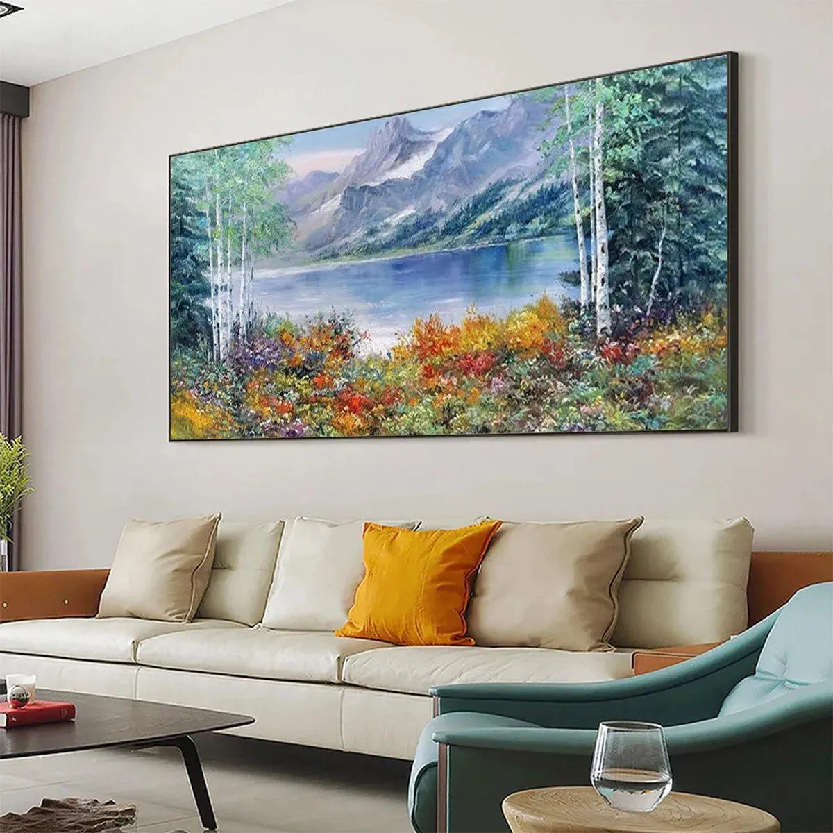 Autumn Lake hand-painted burnt orange, golden yellow and crimson textured mountain lake painting shown with white frame