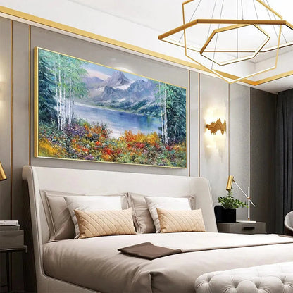 Autumn Lake hand-painted burnt orange, golden yellow and crimson textured mountain lake painting shown with black frame