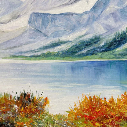 Autumn Lake hand-painted burnt orange, golden yellow and crimson textured mountain lake painting shown with wood frame