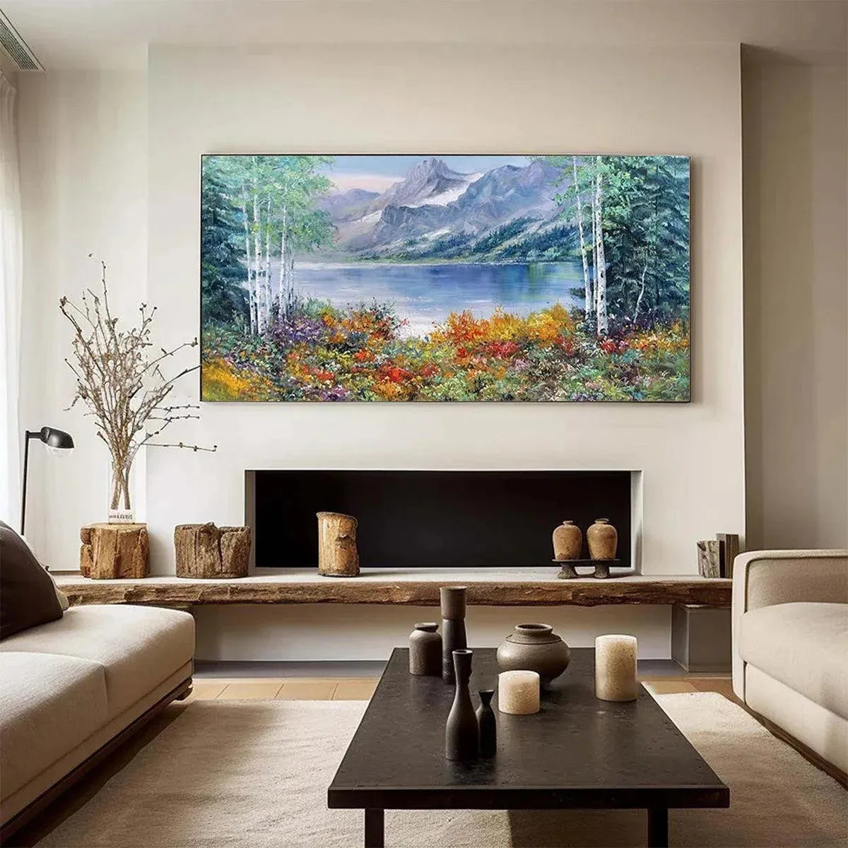 Autumn Lake hand-painted burnt orange, golden yellow and crimson textured mountain lake painting rolled canvas option