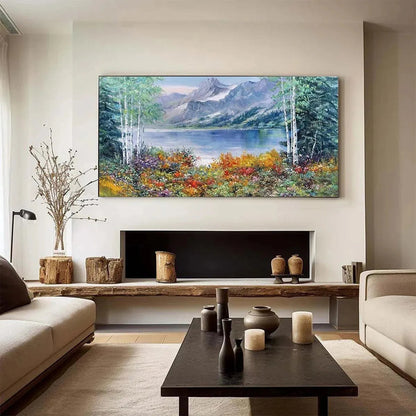 Autumn Lake hand-painted burnt orange, golden yellow and crimson textured mountain lake painting rolled canvas option