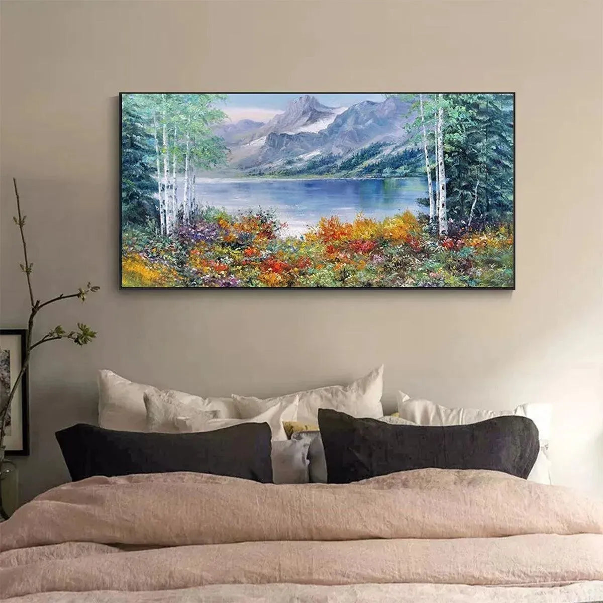 Autumn Lake hand-painted burnt orange, golden yellow and crimson textured mountain lake painting shown as stretched canvas