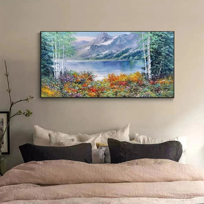 Autumn Lake hand-painted burnt orange, golden yellow and crimson textured mountain lake painting shown as stretched canvas