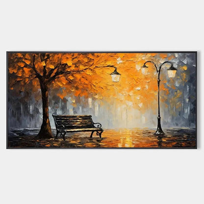 Autumn Park Bench hand-painted soft grey, gold and orange textured park landscape painting rolled canvas option