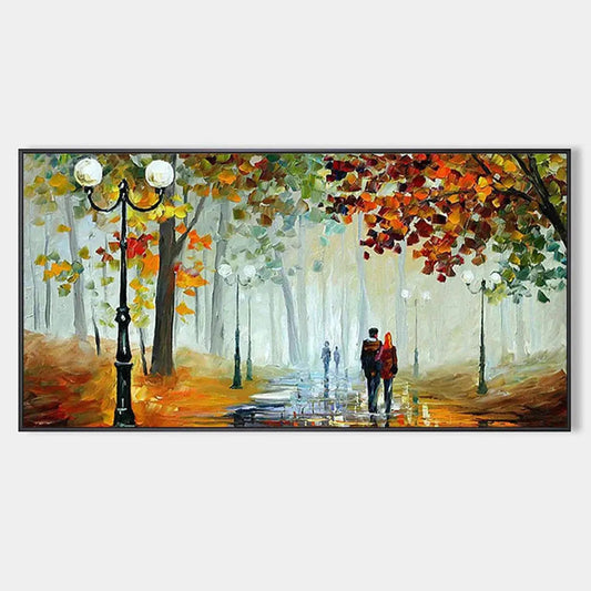 Autumn Park Stroll hand-painted burnt orange, golden yellow and crimson textured park landscape painting rolled canvas option