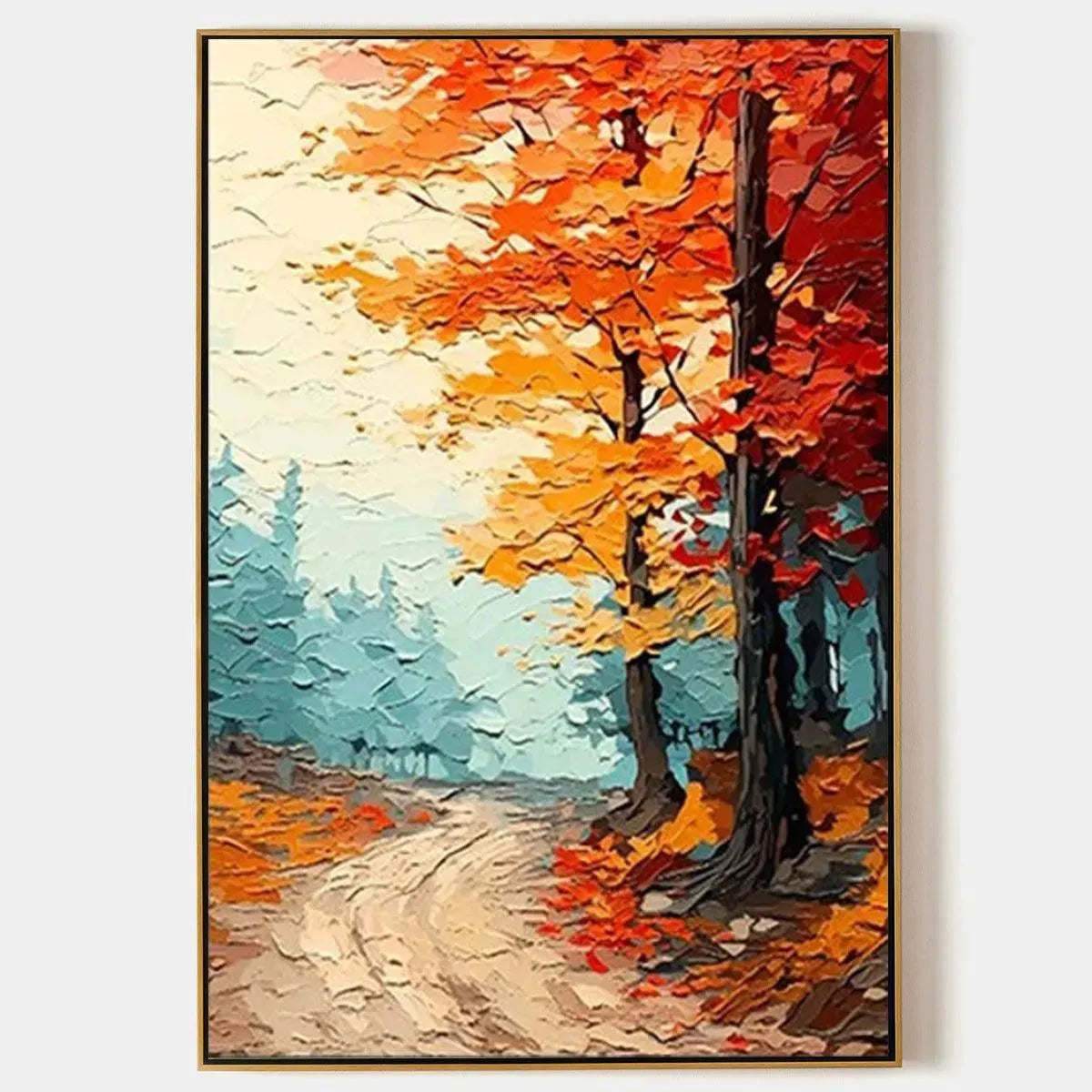 Autumn Path hand-painted ocean blue, orange and red textured forest path painting rolled canvas option