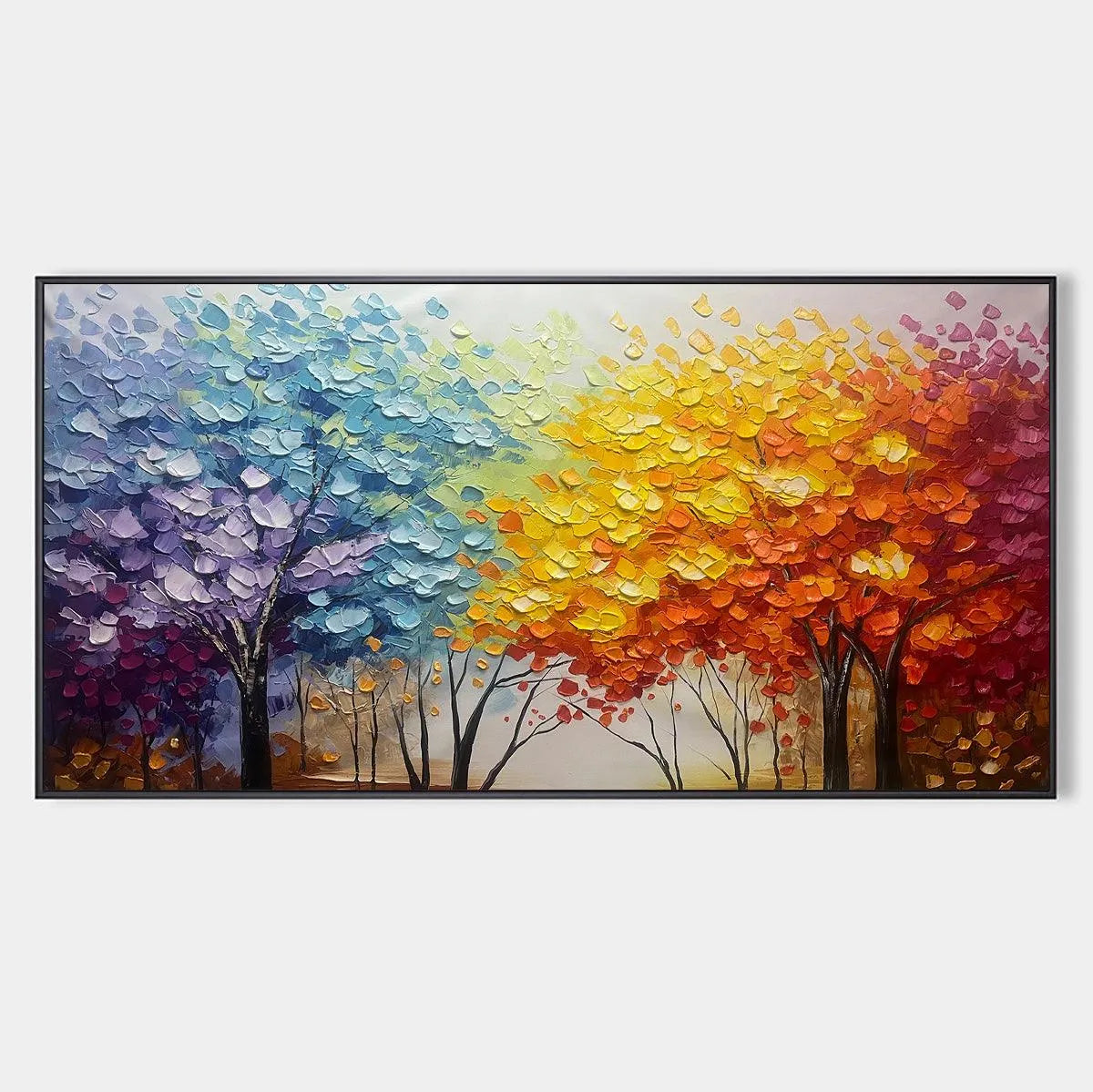 Autumn Rainbow hand-painted crimson, golden yellow, turquoise and violet textured tree painting rolled canvas option