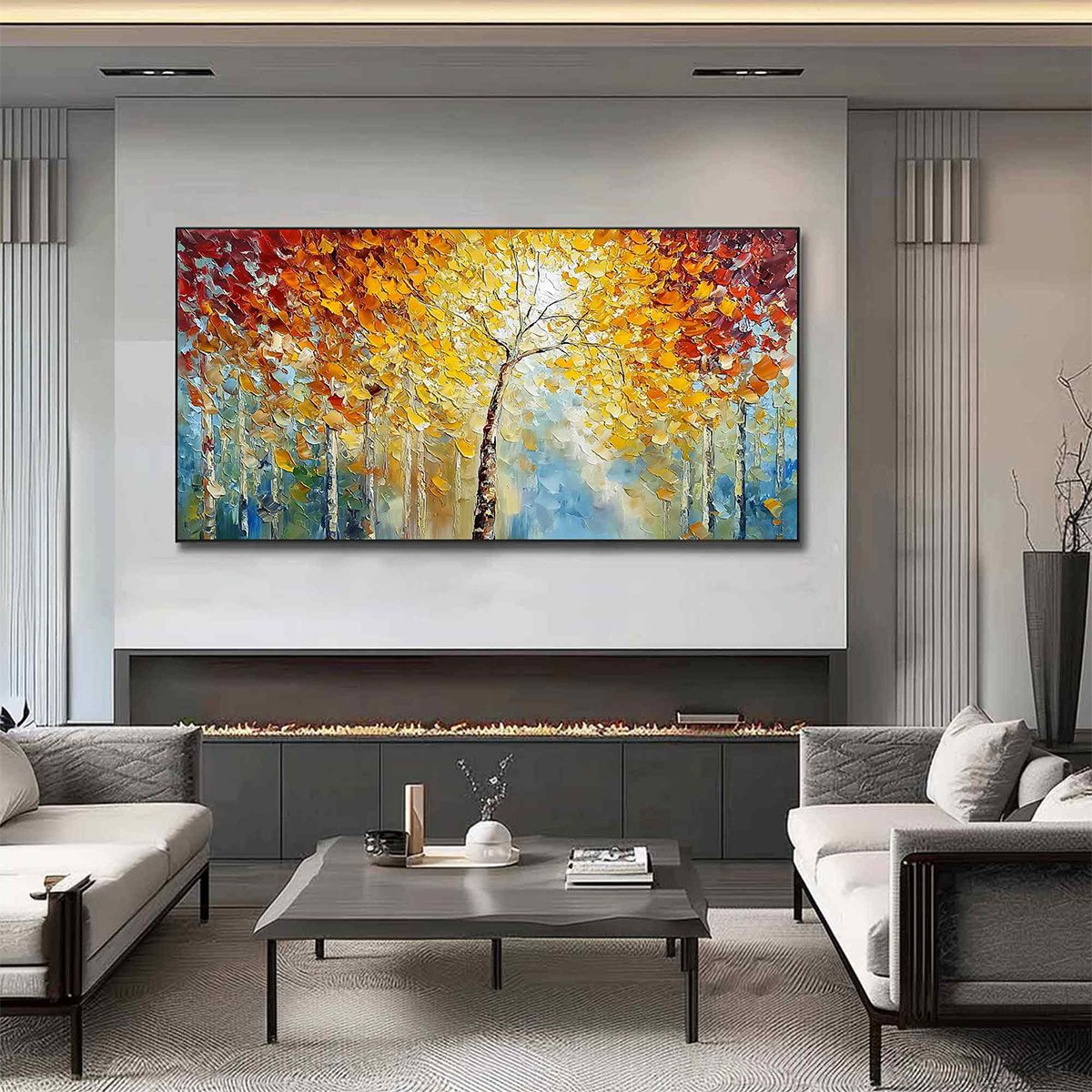 Autumn's Embrace hand-painted gold and ivory textured forest landscape painting shown with black frame