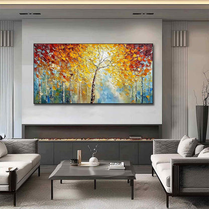 Autumn's Embrace hand-painted gold and ivory textured forest landscape painting shown with black frame