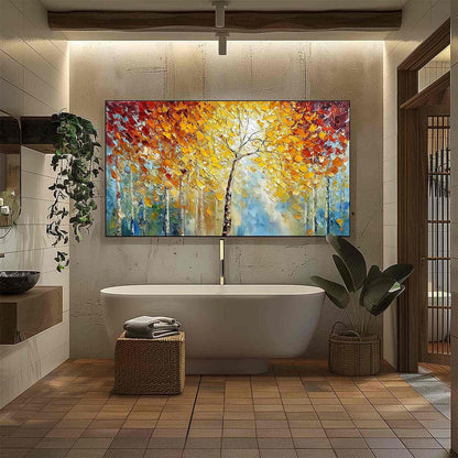 Autumn's Embrace hand-painted gold and ivory textured forest landscape painting shown with silver frame