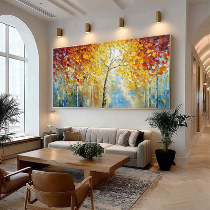 Autumn's Embrace hand-painted gold and ivory textured forest landscape painting shown with wood frame