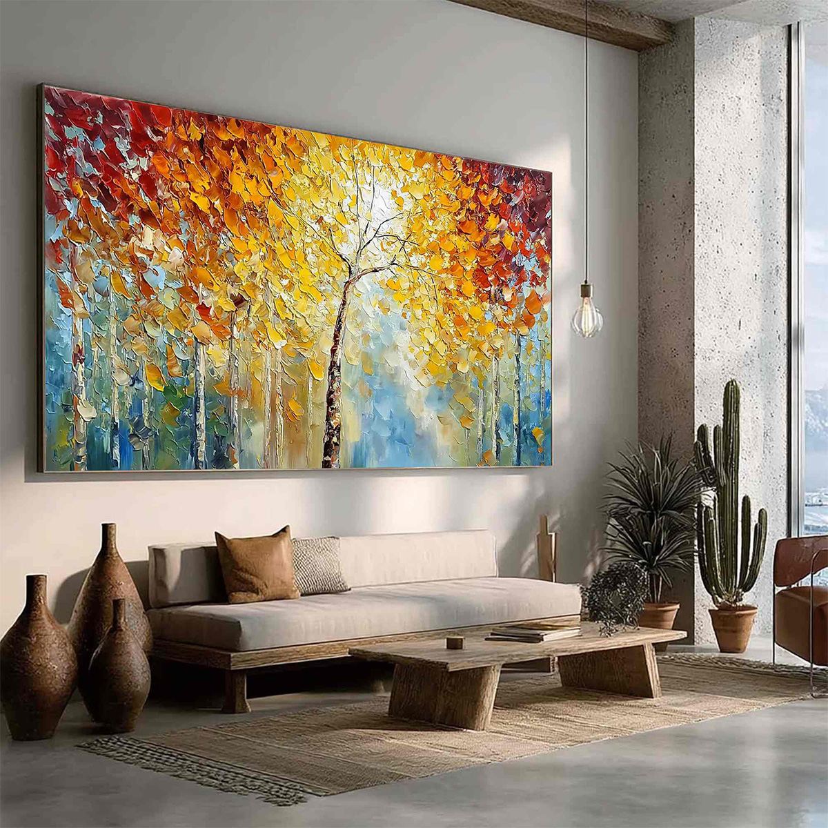 Autumn's Embrace hand-painted gold and ivory textured forest landscape painting rolled canvas option