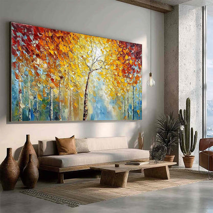 Autumn's Embrace hand-painted gold and ivory textured forest landscape painting rolled canvas option