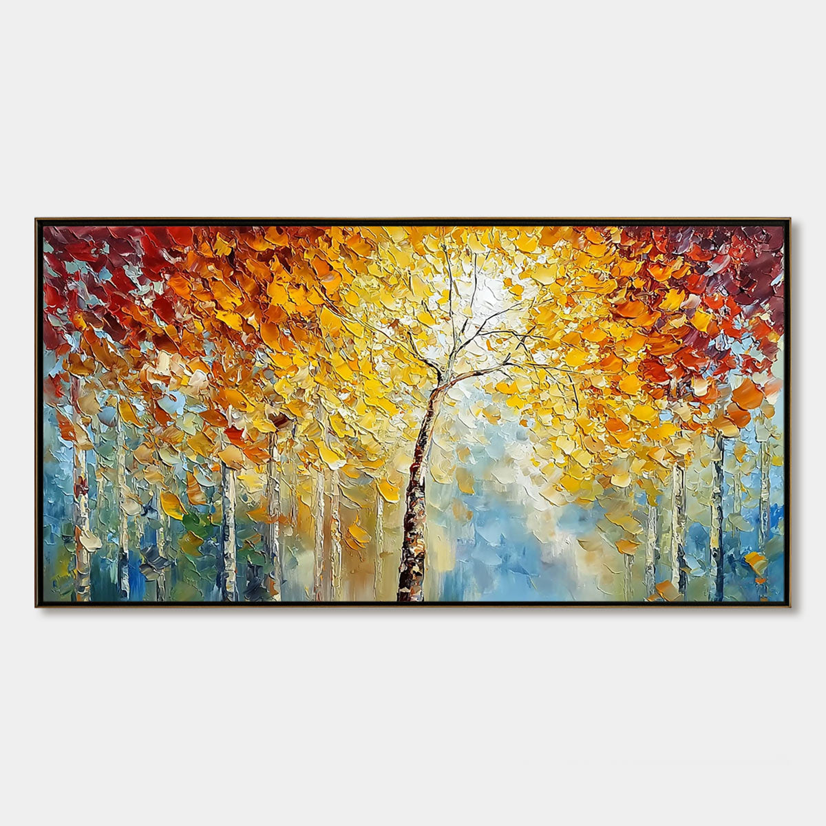 Autumn's Embrace hand-painted gold and ivory textured forest landscape painting rolled canvas option