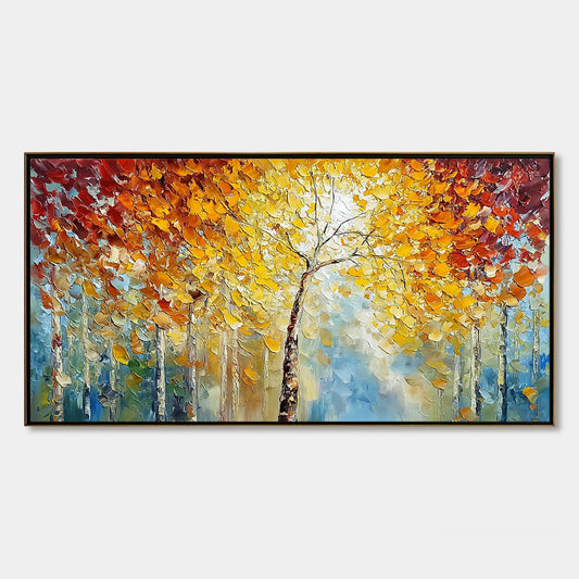 Autumn's Embrace hand-painted gold and ivory textured forest landscape painting rolled canvas option