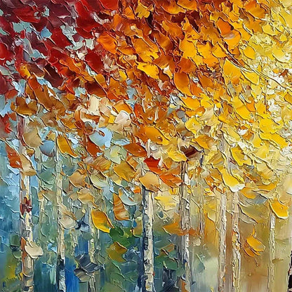 Autumn's Embrace hand-painted gold and ivory textured forest landscape painting shown with gold frame