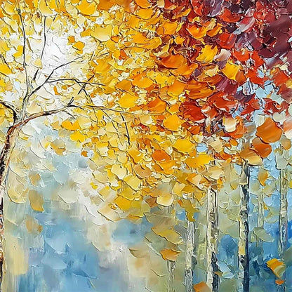 Autumn's Embrace hand-painted gold and ivory textured forest landscape painting shown with white frame