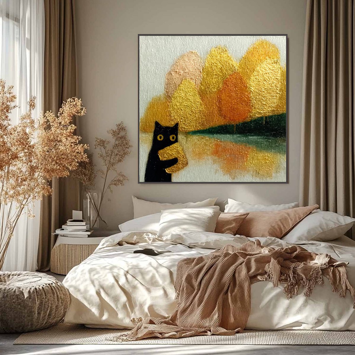 Gold and Black Cat Impasto Oil Painting – Autumn'S Treasure