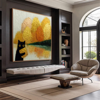 Gold and Black Cat Impasto Oil Painting – Autumn'S Treasure