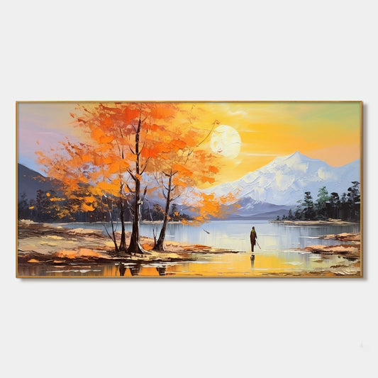 Autumn Serenade hand-painted gold and ivory textured mountain lake painting rolled canvas option
