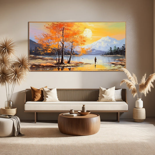 Autumn Serenade hand-painted gold and ivory textured mountain lake painting shown as stretched canvas