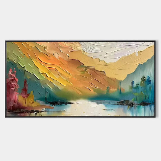 Autumn Valley hand-painted ocean blue, ivory and soft neutral tones textured coastal landscape painting rolled canvas option