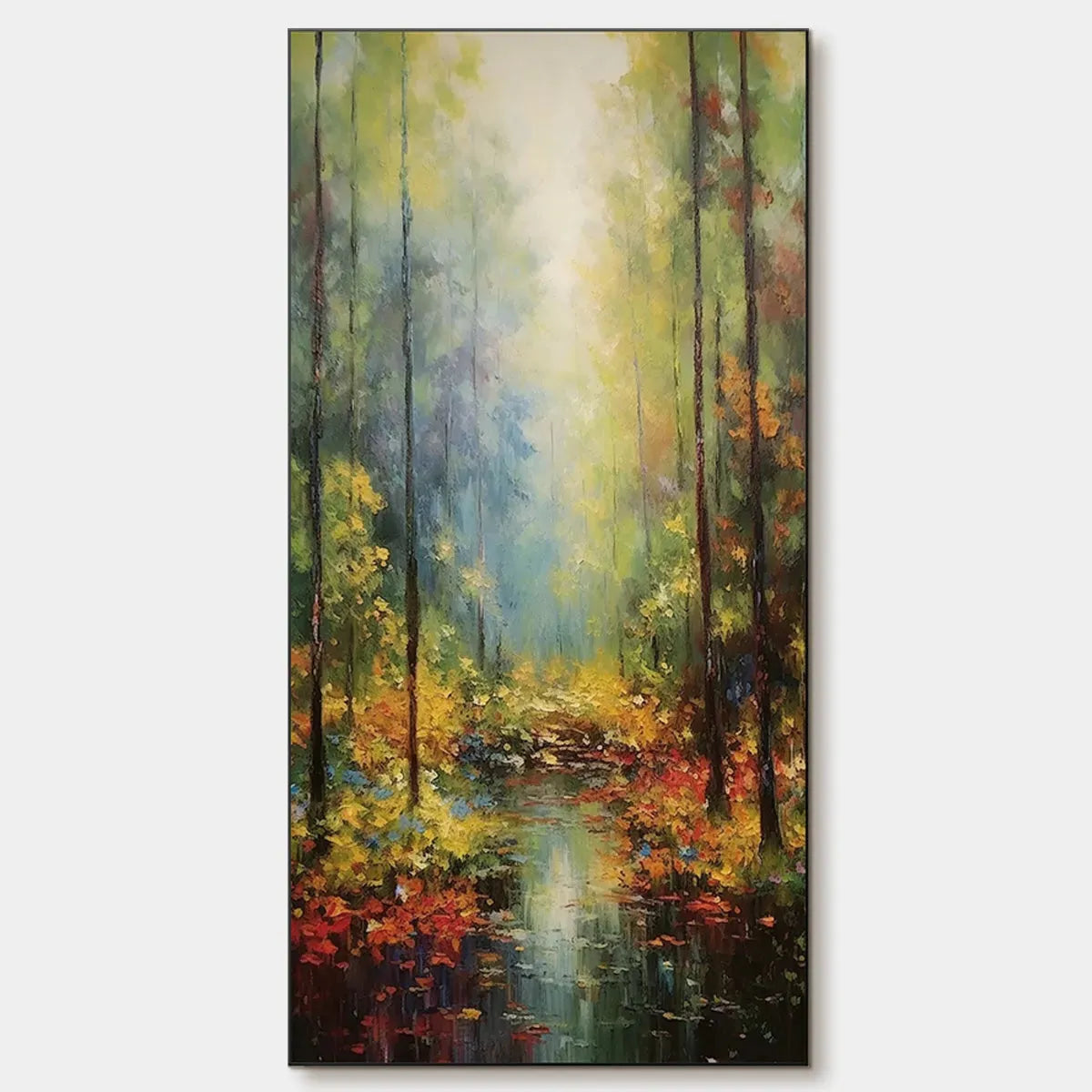 Autumn Woodland Stream hand-painted burnt orange, golden yellow and crimson textured forest landscape painting rolled canvas option
