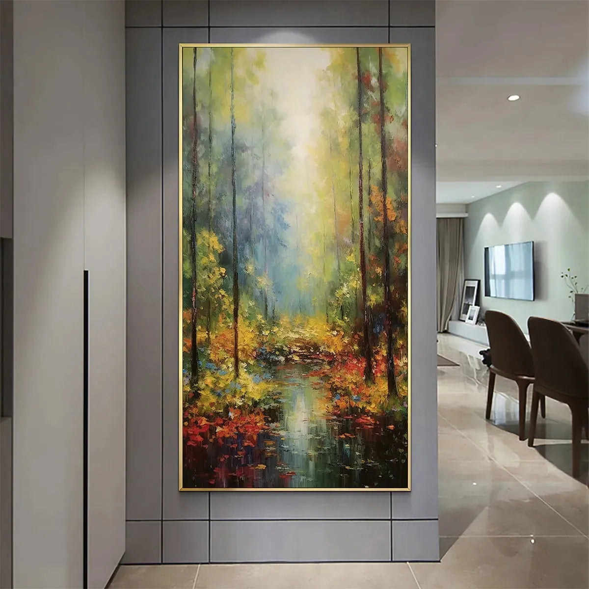 Autumn Woodland Stream hand-painted burnt orange, golden yellow and crimson textured forest landscape painting shown as stretched canvas