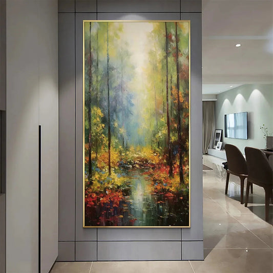 Autumn Woodland Stream hand-painted burnt orange, golden yellow and crimson textured forest landscape painting shown as stretched canvas