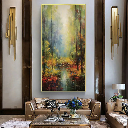 Autumn Woodland Stream hand-painted burnt orange, golden yellow and crimson textured forest landscape painting shown with black frame